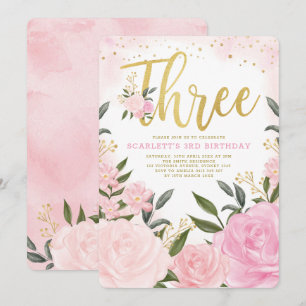 Feminine Watercolor Blush Pink Floral 3rd Birthday Invitation