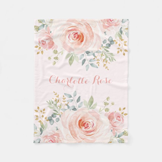 Feminine Watercolor Blush Roses Baby Girl Nursery Fleece Blanket (Front)