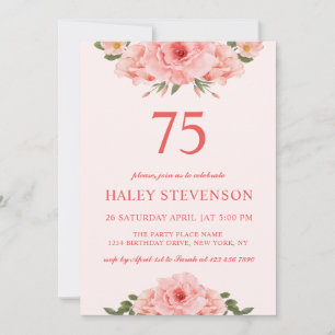 Feminine Watercolor Coral Chic Floral 75 Birthday Invitation