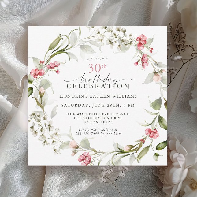 Feminine Watercolor Floral 30th Birthday Party Invitation (Available in both printed and instant download digital format.)