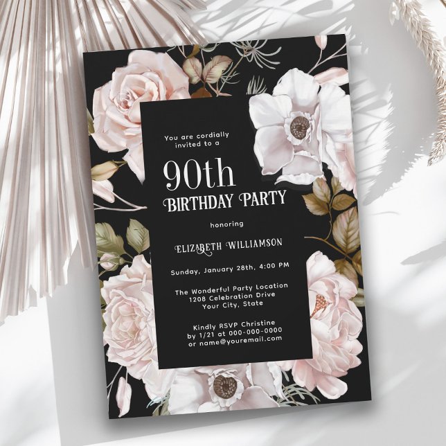 Feminine Watercolor Floral 90th Birthday Party Invitation (Celebrate a milestone birthday with this feminine Winter Roses Watercolor Invitation.)