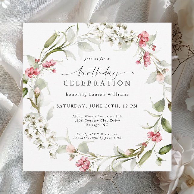 Feminine Watercolor Floral Birthday Celebration Invitation (Available in both printed and instant download digital formats.)