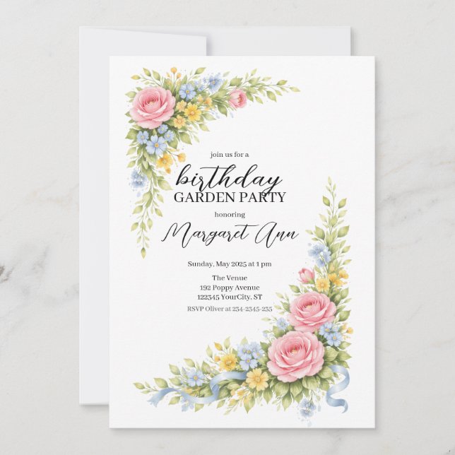 Feminine watercolor Floral Birthday Garden Party Invitation (Front)