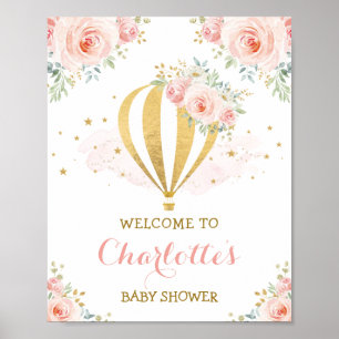 Feminine Watercolor Floral Hot Air Balloon Party Poster
