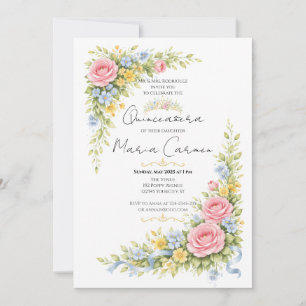 Feminine watercolor Floral Quinceanera tiara Invitation