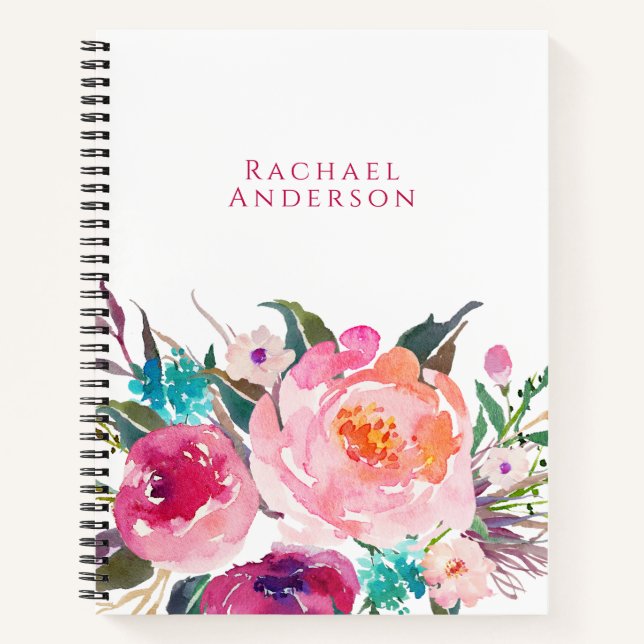 Feminine Watercolor Floral with Your Name Notebook (Front)