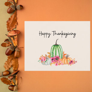 Feminine Watercolor Pumpkins and Flowers Holiday Card