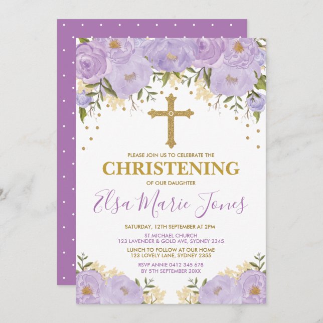 Feminine Watercolor Purple Flowers Christening Invitation (Front/Back)