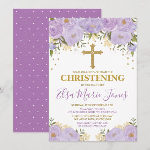 Feminine Watercolor Purple Flowers Christening Invitation