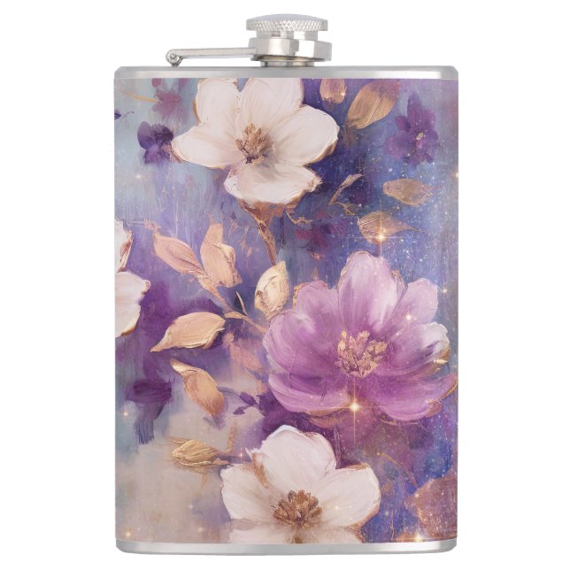 Feminine White Glam Gold Purple Floral Hip Flask (Front)