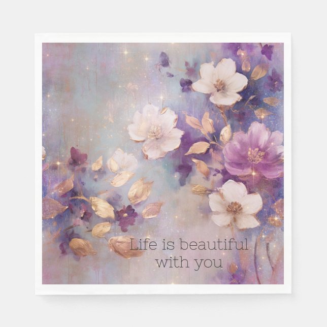 Feminine White Glam Gold Purple Floral Napkin (Front)