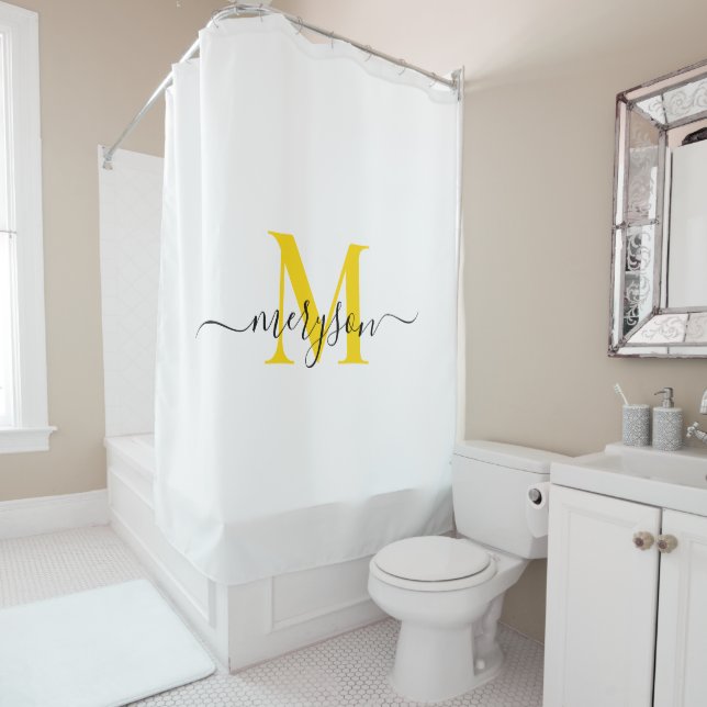 Feminine White Gold Script, Elegant Monogram Name Shower Curtain (In Situ)