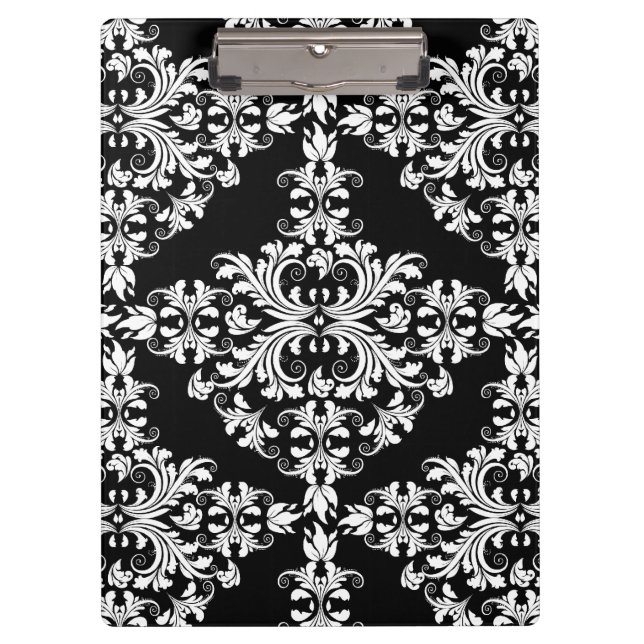 Feminine White on Black Damask Clipboard (Front)