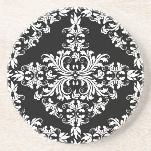 Feminine White on Black Damask Coaster