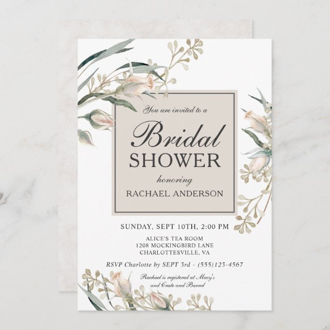 Feminine White Rosebuds Floral Bridal Shower Invitation (Front/Back)
