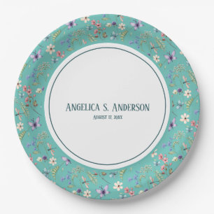 Feminine wildflower Teal pattern Personal text  Paper Plate