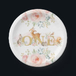Feminine Woodland 1st Birthday / Pink Gold Floral Paper Plate<br><div class="desc">This feminine design features gorgeous watercolor blush pink roses and a group of girly woodland creatures</div>