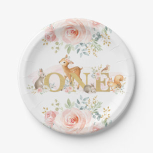 Feminine Woodland 1st Birthday / Pink Gold Floral Paper Plate