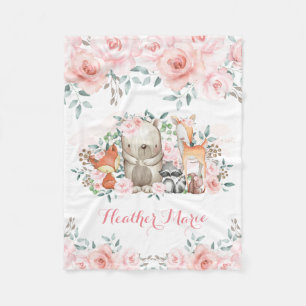 Feminine Woodland Pink Floral Roses Girl Nursery Fleece Blanket