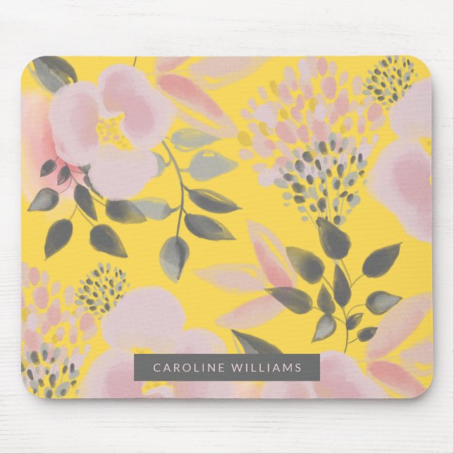 Feminine Yellow Pink Grey Floral with Your Name Mouse Pad (Front)