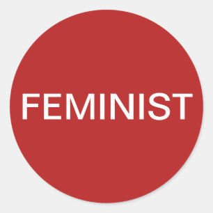 Feminist, bold white text on red stickers