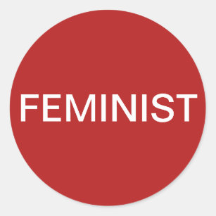 Feminist, bold white text on red stickers
