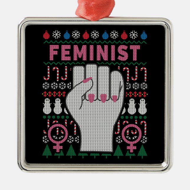 Feminist Power Ugly Christmas Sweater Metal Ornament (Front)