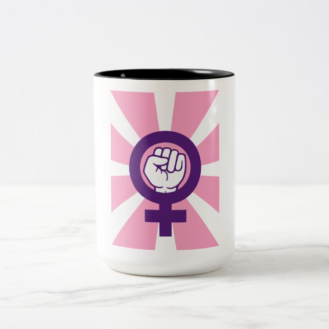 Feminist Raised Fist Symbol Retro Sunburst Women Two-Tone Coffee Mug (Center)