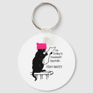 Feminist Resist Cat Pink Hat Stay Nasty  Key Ring