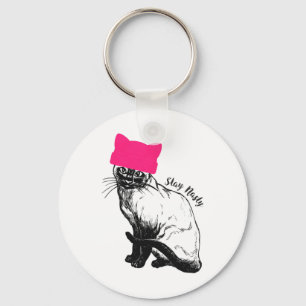 Feminist Resist Cat Pink Hat Stay Nasty Siamese Key Ring