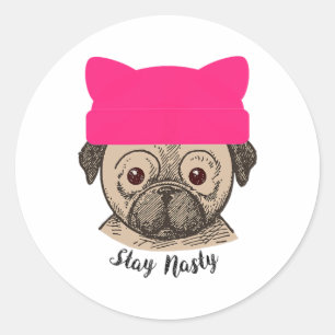 Feminist Resist Stay Nasty Pink Cat Hat Pug Dog Classic Round Sticker