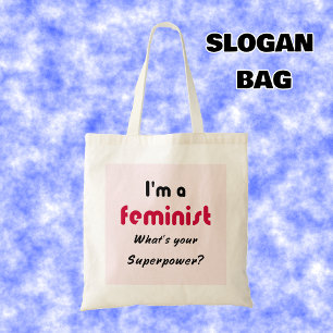 Feminist super power slogan pink tote bag