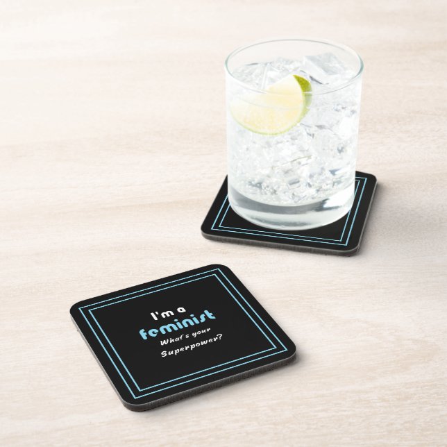 Feminist superpower slogan white on black coaster (Right Side)