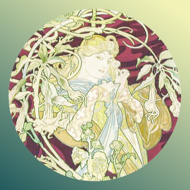 Femme à marguerite - Mucha daisy textile repro Classic Round Sticker (Creator Uploaded)