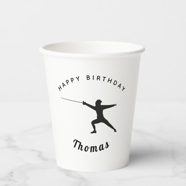 Fencing Birthday Fencer Fence Sword & Custom Name Paper Cups (Front)