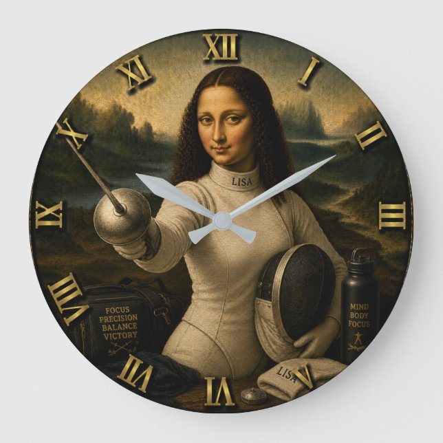 Fencing Funny Mona Lisa Large Clock (Front)