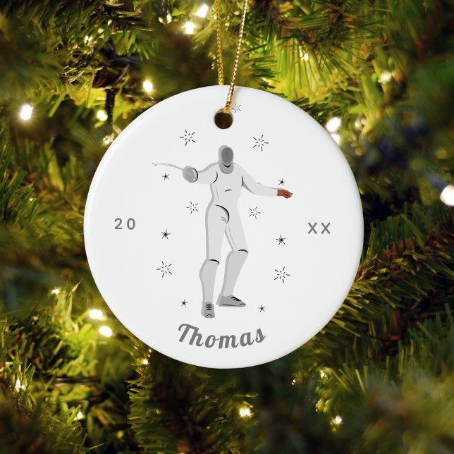 Fencing Silhouette Fencer Fence Kid's Name Grey  Ceramic Ornament (Creator Uploaded)
