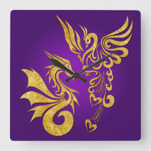 Feng Shui Golden Phoenix & Dragon Clock - purple