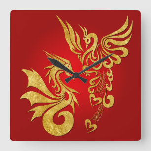Feng Shui Golden Phoenix & Dragon Clock - red