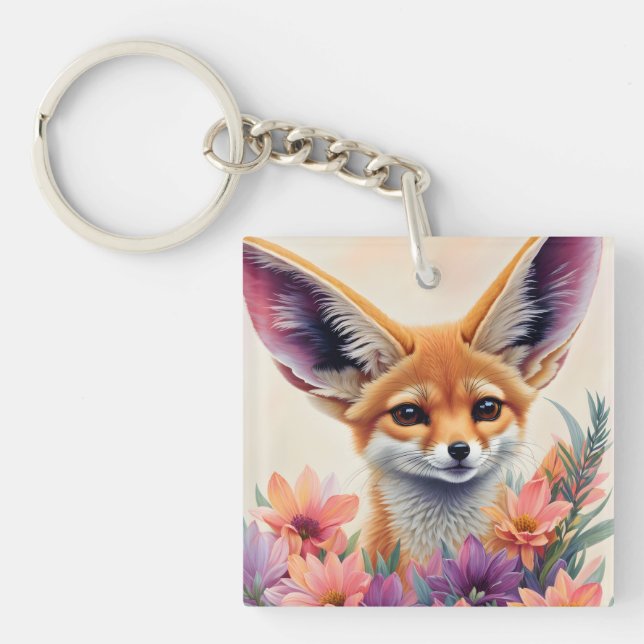 Fennec Fox Floral Portrait Painting Key Ring (Front)
