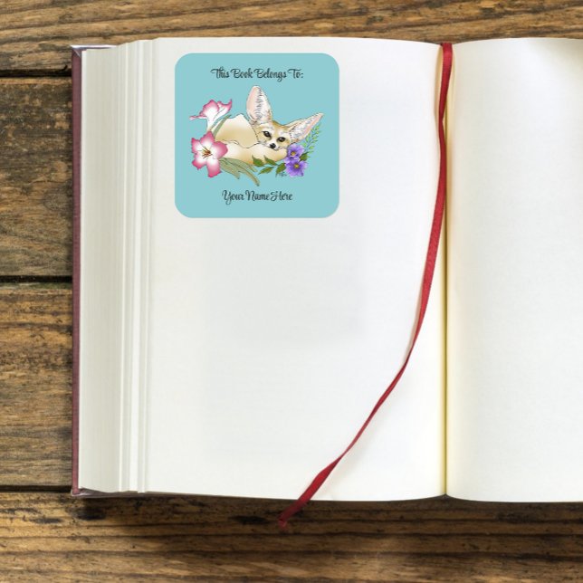 Fennec Fox Flowers Cute Bookplate Square Sticker (Creator Uploaded)
