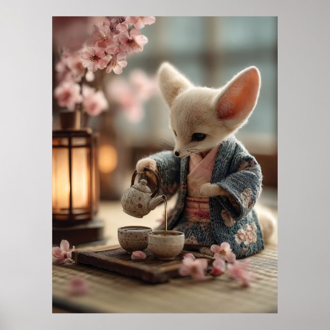 Fennec Fox in a Kimono Performing a Tea Ceremony Poster (Front)