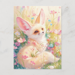 Fennec Fox in Sunny Pink Wildflower Meadow Postcard