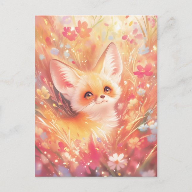 Fennec Fox Peeking Through Pink Wildflower Meadow Postcard (Front)