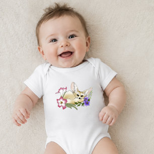 Fennec Fox Pink Purple Flowers Cute Blue Botanical Baby Bodysuit