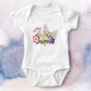 Fennec Fox Pink Purple Flowers Cute Blue Botanical Baby Bodysuit