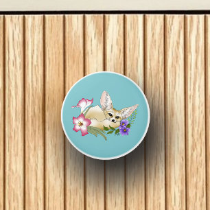 Fennec Fox Pink Purple Flowers Cute Blue Botanical Ceramic Knob