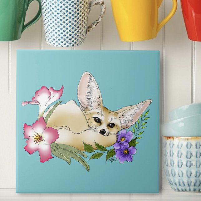 Fennec Fox Pink Purple Flowers Cute Blue Botanical Ceramic Tile (Creator Uploaded)