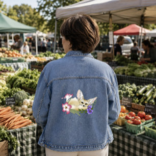 Fennec Fox Pink Purple Flowers Cute Blue Botanical Denim Jacket