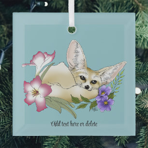 Fennec Fox Pink Purple Flowers Cute Blue Botanical Glass Tree Decoration